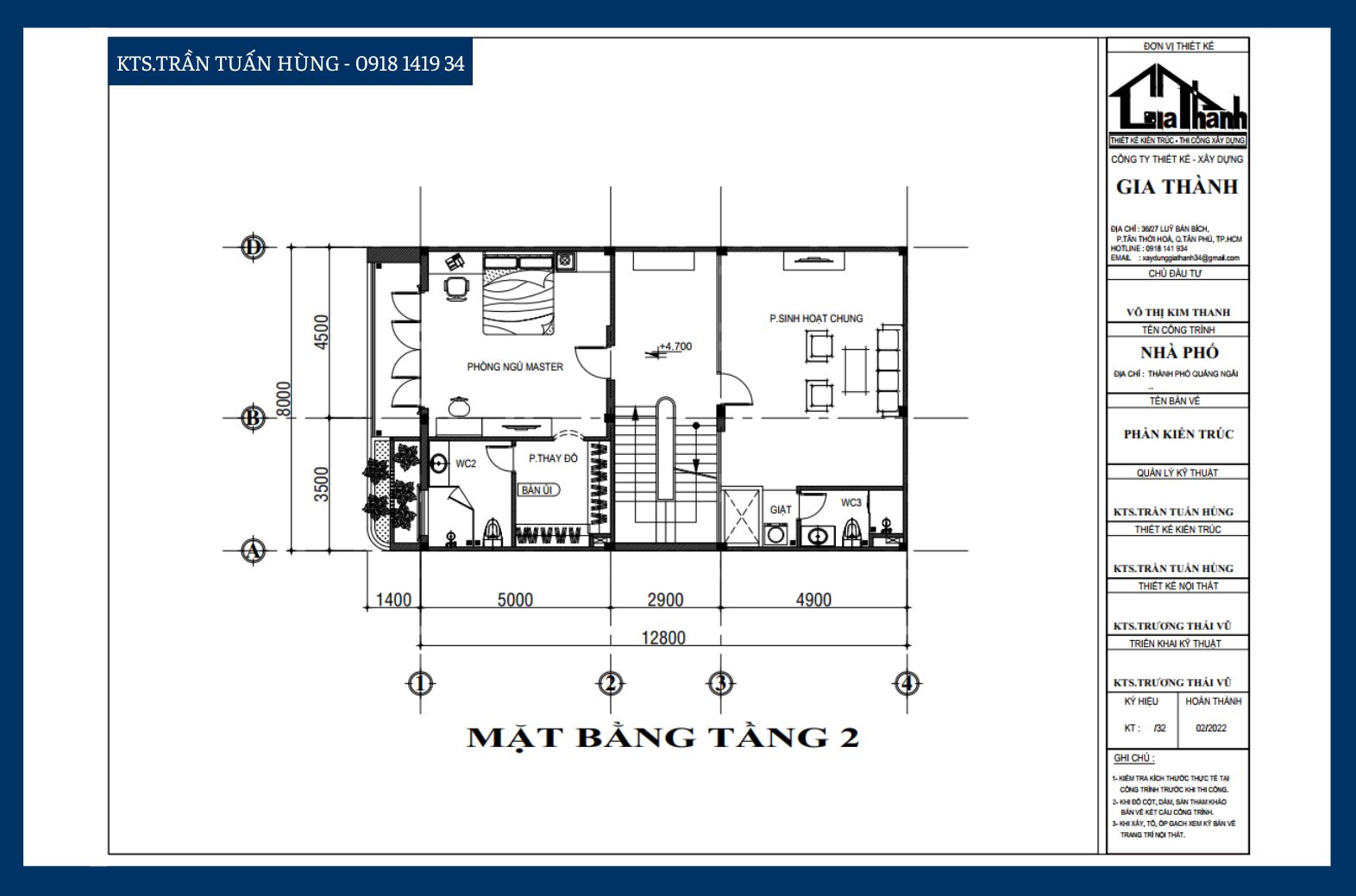 Mặt bằng tầng 2 - Nhà phố hiện đại - Kiến Trúc Gia Thành
